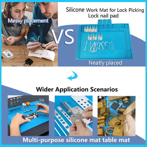 Pro Level Silicone Workbench Mat Featuring a Rock Solid Magnetic Surface and Smart 10 Slot Organizer Perfect for Soldering Phone Fixing and Lock Picking Practices Hella Heat Resistant 17.7 x 11.8 Inch used for organized lock picking.