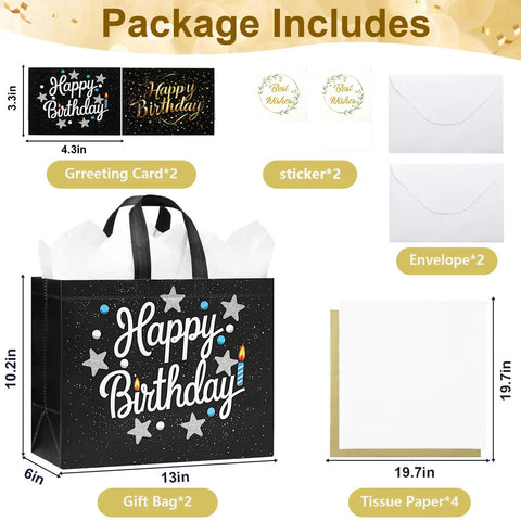 2 Pack 13 Inch Large Birthday Gift Bags With Tissue Paper And Cards, Reusable Nonwoven Gift Bags With Handles, Gift Set Contents