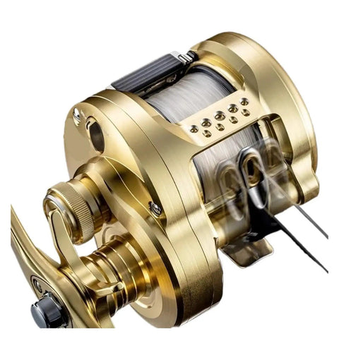 Golden drum-style baitcasting fishing reel for large freshwater beasts, heavy-duty build for heavy lines, smooth drag, power casting.