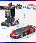 Front view of Holyton 1:10 scale transforming RC car and robot; red/black color, LED lights, gesture control.