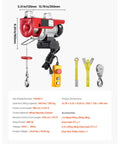 440 Lb Electric Hoist With 110V Power, Zinc Plated Steel Wire, remote control, and accessories for garage use.