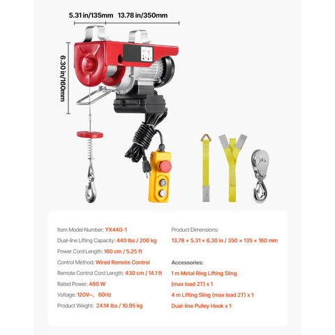 440 Lb Electric Hoist With 110V Power, Zinc Plated Steel Wire, remote control, and accessories for garage use.