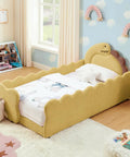 3D Dino Headboard Kids Bed With Safety Guardrails, Double Size, Solid Wood Frame, Raised Padded Rails, Terry Cloth Upholstery