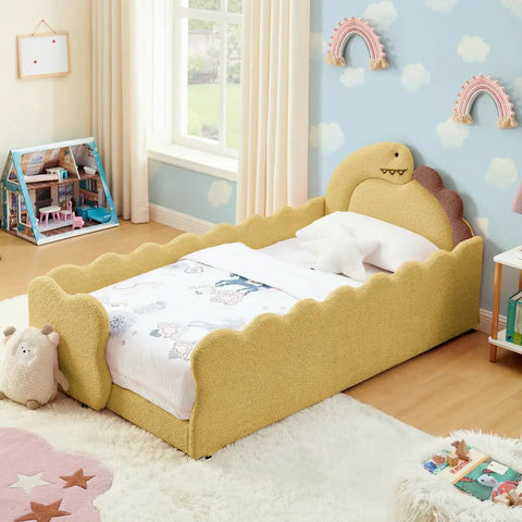 3D Dino Headboard Kids Bed With Safety Guardrails, Double Size, Solid Wood Frame, Raised Padded Rails, Terry Cloth Upholstery