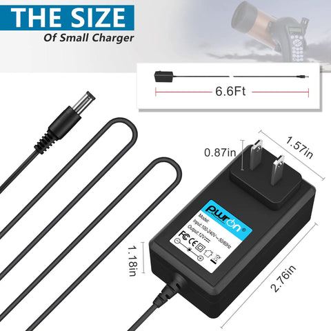 12V Power Adapter Replacement For Celestron NexStar Telescopes And Mounts 18778 showing dimensions and cable length