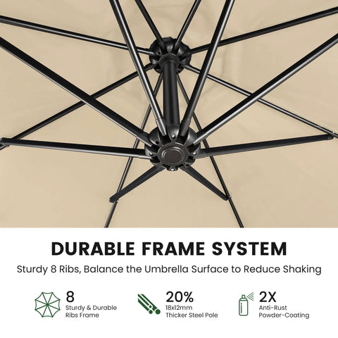 10 Feet Cantilever Offset Patio Umbrella With Base Included showing durable 8 rib frame and anti-rust coating