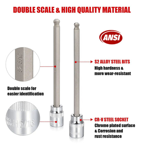 Double scale S2 steel bits and CR-V socket from Three Eighths Inch Drive Long Ball End Hex Socket Set