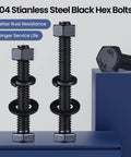 1/4-20 X 6 Inch Hex Head Bolts Kit With Nuts, Flat And Lock Washers, Fully Threaded Black Zinc Plated 304 Stainless Steel 18-8 Set