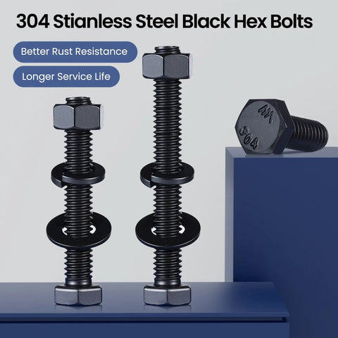 1/4-20 X 6 Inch Hex Head Bolts Kit With Nuts, Flat And Lock Washers, Fully Threaded Black Zinc Plated 304 Stainless Steel 18-8 Set