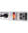 Close-up of 12 Outlet Power Strip With 15 Foot Heavy Duty Metal Housing Built Tough And Mountable Wall Mount 36 Inch Long Cord, showing switch.