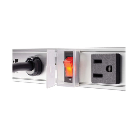 Close-up of 12 Outlet Power Strip With 15 Foot Heavy Duty Metal Housing Built Tough And Mountable Wall Mount 36 Inch Long Cord, showing switch.