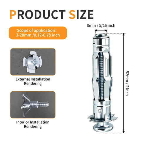 13 Pack Heavy Duty Molly Bolts M8-52 Zinc Plated Steel Drywall Wall Anchors size details for installation. Grips with rock solid design.