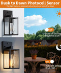 Dusk to Dawn Automatic Wall Light showing on/off settings, black waterproof fixture, ideal for outdoor night illumination.