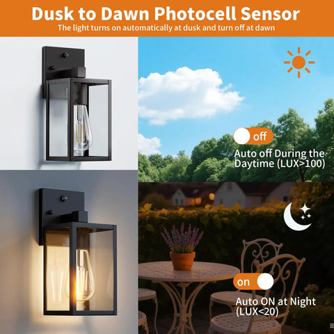 Dusk to Dawn Automatic Wall Light showing on/off settings, black waterproof fixture, ideal for outdoor night illumination.
