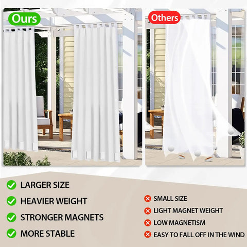 Comparison of 24 Pack Outdoor Curtain Weights Magnetic Waterproof Beefed Up Heavy Duty versus regular light weights in breezy conditions.