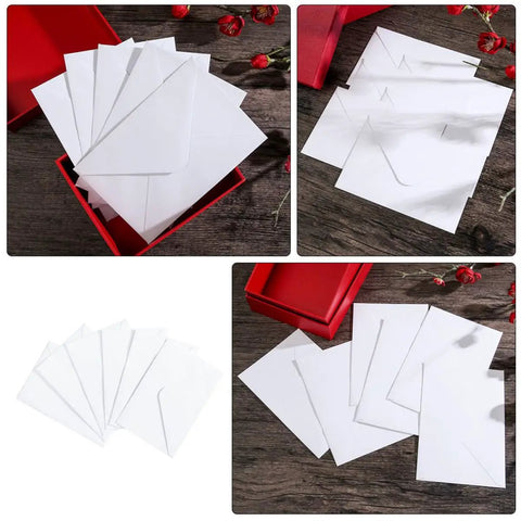 Bulk White B6 Card Envelopes 50 Pack Self Sealing 15.7 X 10.6 Cm displayed in a red box on a wooden surface