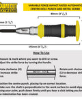 Smooth Operator Automatic Variable Force Center Punch Precision Scribe Tool with detailed dimensions for metal, wood marking.