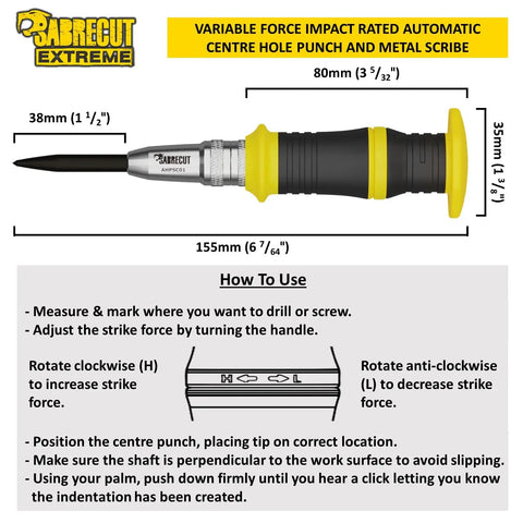 Smooth Operator Automatic Variable Force Center Punch Precision Scribe Tool with detailed dimensions for metal, wood marking.