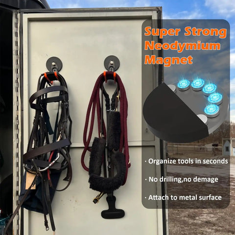 Heavy Duty Magnetic Tool Hooks For Garage And Shop, No Drill Mount, installed on metal surface with hoses and cords
