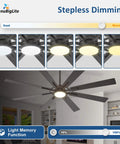 72 Inch Ceiling Fan With Lights, 8 Blade Dual Finish Black And Wood Look, Remote And App Control, Dimmable LED, Quiet DC Motor