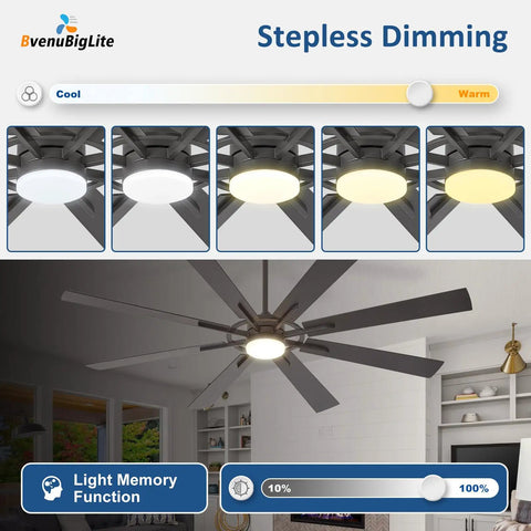 72 Inch Ceiling Fan With Lights, 8 Blade Dual Finish Black And Wood Look, Remote And App Control, Dimmable LED, Quiet DC Motor