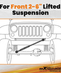 Beefy Adjustable Front Track Bar For Ford F250 F350 And Excursion 1999 To 2005, Fits Two To Six Inch Lift, Heavy Duty Front Steering Bar To Upgrade Alignment And Stability On 4WD Trucks. Front view of lifted Jeep front suspension