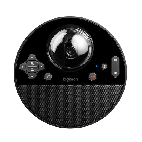 All In One Desktop Video Conference Webcam With Carl Zeiss 1080p Hd Lens and Full Duplex Speakerphone, top view showing controls.