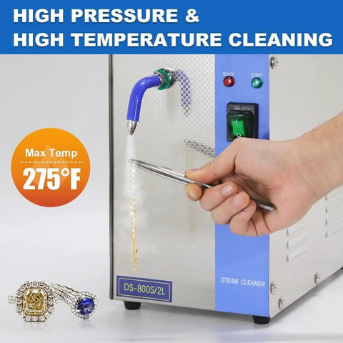 Top Shelf Jewelry Steam Cleaner Machine For Deep Cleaning Gold Silver Rings And Valuable Gems Features Smart Foot Pedal Control To Deliver That Fresh Dope Shine Guaranteed, showcasing high-pressure steam and cleaning nozzle.