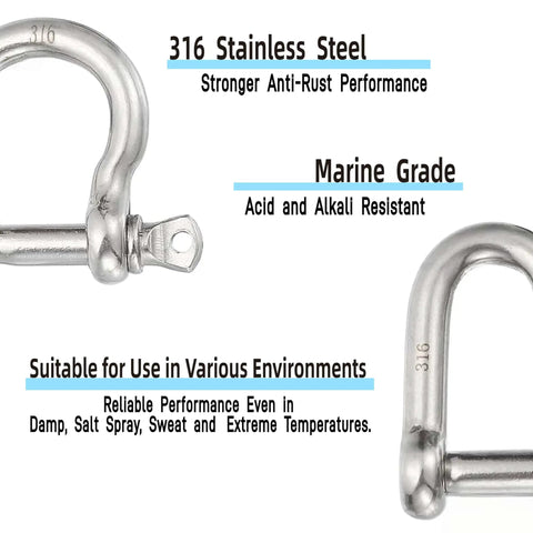 No Sweat Marine Ready 316 Stainless Steel Screw Pin Bow Shackles, 3/16 Inch Forged Heavy Duty Hardware with rust-resistant finish.
