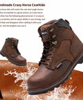 Mens Work Boots With Crazy Horse Leather Goodyear Construction Steel Toe Waterproof Non Slip Warmth Tough Work Shoes For Rough Terrain Brown Size 13 All Day Comfort featuring a side view of the leather texture and durable sole.