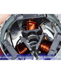 Interior view of Premium 400W Brushless Fan Motor showing three-phase coil with thick copper wires and 1.2mm diameter, compatible with dust collection systems.