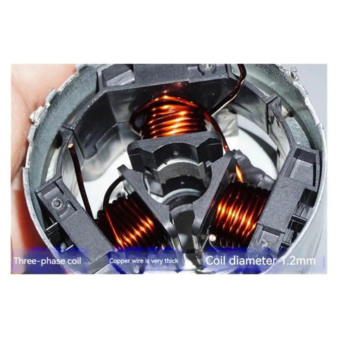Interior view of Premium 400W Brushless Fan Motor showing three-phase coil with thick copper wires and 1.2mm diameter, compatible with dust collection systems.