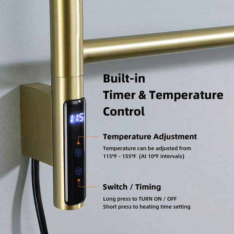Swivel 4 Arm Towel Warmer Rack With Built In LED Timer Indicator Wall Mounted Plug In Electric Towel Heater Matte Black And Brushed Gold Finish