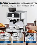 Sleek Stainless Steel Espresso Machine With Built In Grinder And Silky Milk Frother For Fresh Ground Magic And Zero Fuss Brewing Featuring 20 Bar Pressure And Large Reservoir Tank with powerful steam system.