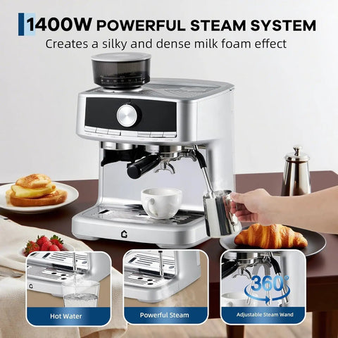 Sleek Stainless Steel Espresso Machine With Built In Grinder And Silky Milk Frother For Fresh Ground Magic And Zero Fuss Brewing Featuring 20 Bar Pressure And Large Reservoir Tank with powerful steam system.