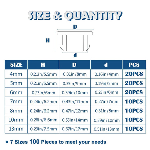 Chart showing size and quantity for Assorted Size Black Silicone Hole Plugs 100 Pcs For Round Holes 4mm To 13mm With Frosted Finish
