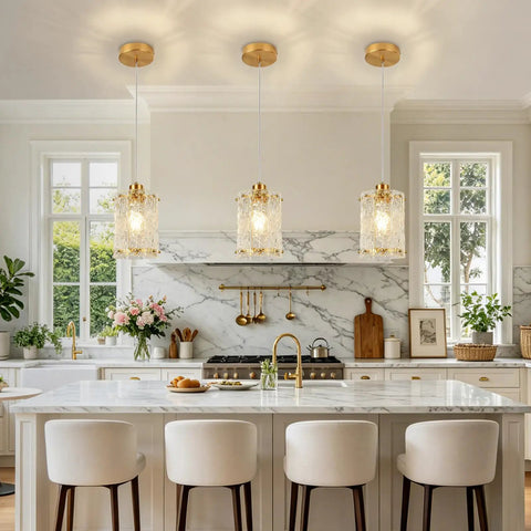 Sleek Gold Brushed Finish 2 Pack Modern Water Ripple Glass Pendant Lights With Adjustable Hanging Cords For Kitchen Island Dining Room Over Sink Super Dope Setup hanging over kitchen island in modern home.
