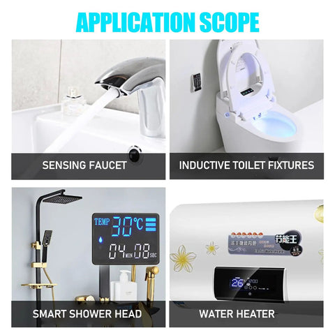 Image showing applications of sensor technologies in faucets, toilet fixtures, showers, and water heaters.