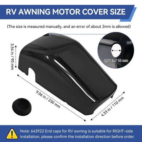 Right Side RV Awning Motor Cover 643922 For Camper Awnings And Drive Head End Caps Replacement Front End Cap For Awnings On Trailers Fits Various Systems Beefed Up Heavy Duty Durable Black, black ABS cover with 230 mm dimensions