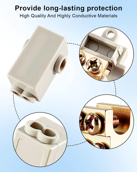 Hella Tough One To Two Out T Tap Wire Splice Connectors 6 Awg To 13 Awg 80 Amp 1000 Volt detailed view, brass terminals, durable design.