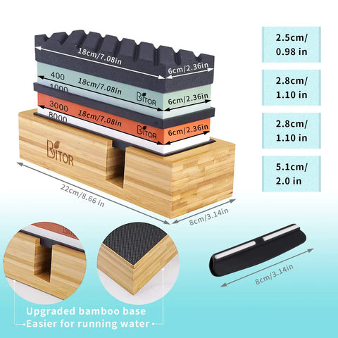 Pro Knife Sharpening Stone Kit with dual-sided whetstones stacked on a non-slip bamboo base, angle guide shown beside.