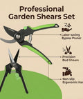 Two Pack 8 Inch Bypass Garden Pruning Shears And 6.25 Inch Advanced Garden Scissors Set For Trimming Flowers Cutting Plants And Gathering Fruit With High Grade SK5 Steel Blades And Teflon Coating For Clean Rust Resistant Cuts displayed with features