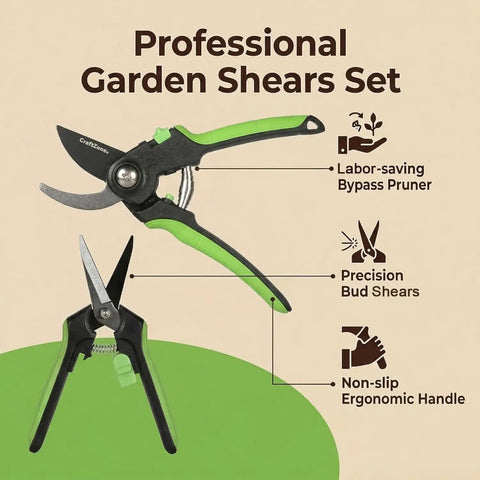Two Pack 8 Inch Bypass Garden Pruning Shears And 6.25 Inch Advanced Garden Scissors Set For Trimming Flowers Cutting Plants And Gathering Fruit With High Grade SK5 Steel Blades And Teflon Coating For Clean Rust Resistant Cuts displayed with features