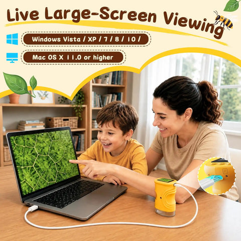 Kids Microscope 200 to 1000X With 2 Inch IPS Screen STEM Science Kit for Ages 3 12 Educational Dope Toy for Exploring Leaves Coins Insects and More Kid Friendly Bright Yellow connected to laptop