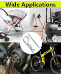 Do It All Cotter Pins And Hair Pins Kit 300 Pcs Zinc Plated Steel Fastener Set In A Handy Plastic Box, shown used in various applications like a stroller, compressor, and bicycle.