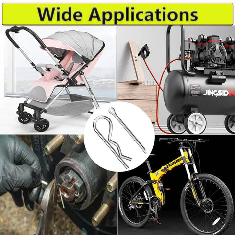 Do It All Cotter Pins And Hair Pins Kit 300 Pcs Zinc Plated Steel Fastener Set In A Handy Plastic Box, shown used in various applications like a stroller, compressor, and bicycle.