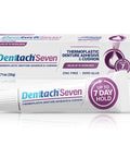 Tube and box of thermoplastic denture adhesive that doubles as cushion and reliner for all day hold up to 7 days, zinc free.