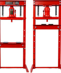 20 Ton Hydraulic Shop Press Heavy Duty H Frame Shop Hog Manual Press For Auto Repair Metal Bending adjustable table with a red steel design.