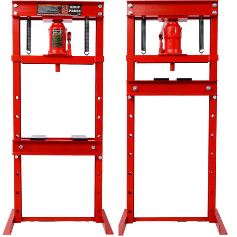 20 Ton Hydraulic Shop Press Heavy Duty H Frame Shop Hog Manual Press For Auto Repair Metal Bending adjustable table with a red steel design.
