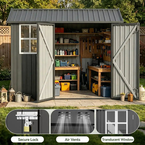 Heavy Duty Metal Storage Shed With Window, Lockable Garden Toolhouse, Ventilated And Weather Resistant Backyard Utility Workshop For Outdoor Storage, Light Gray 8X6Ft with open doors showing tools and equipment inside
